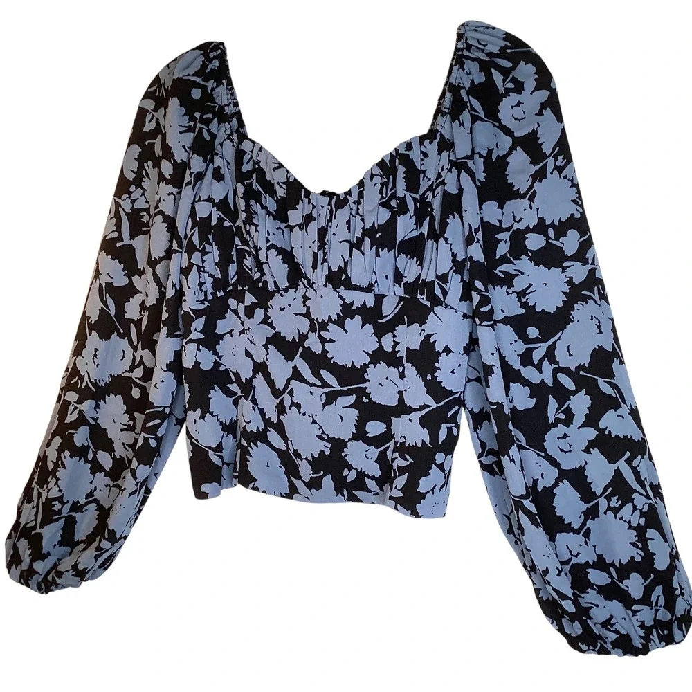 Abercrombie & Fitch Blue Black Floral Puff Sleeve Smocked Crop Top Medium New